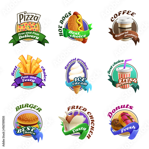Fastfood Cartoon Colorful Emblems Set