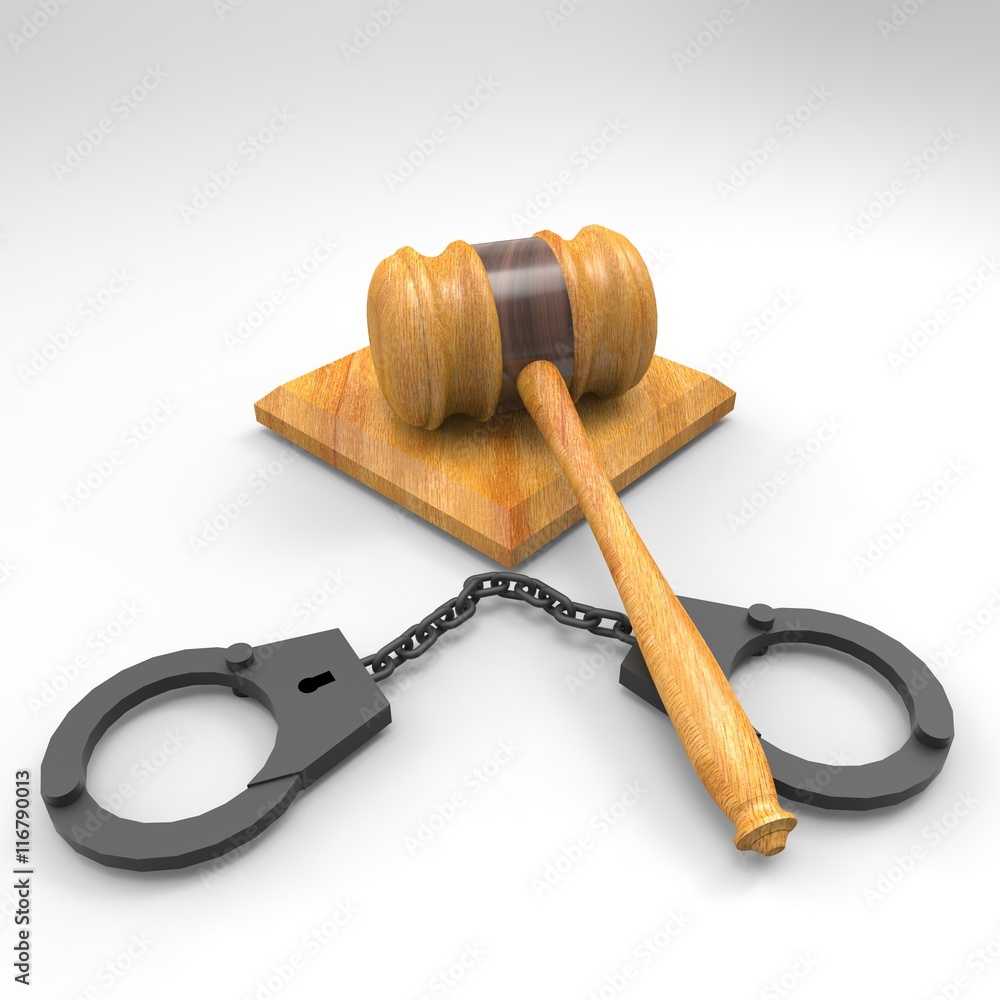 handcuffs and gavel 3d illustration