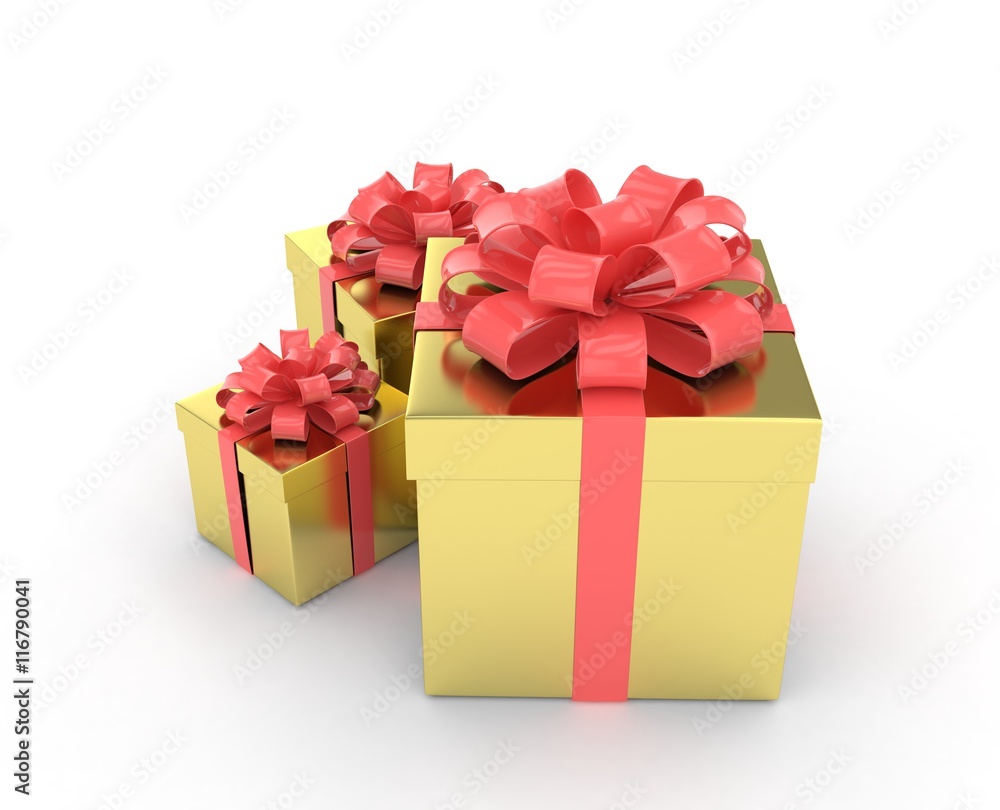 Obraz premium three gift boxes with bows isolated on white. 3d rendering.