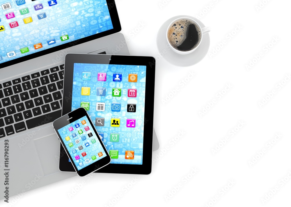Laptop, phone, tablet pc and coffee. 3d rendering. Laptop, phone, tablet pc and coffee. 3d rendering.