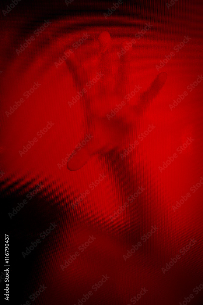 No panic,hand of woman behind stained or dirty window glass,Scary background for book cover
