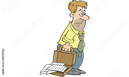 Cartoon illustration of an tired man with an open briefcase.
