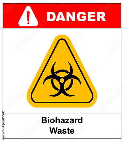 Biohazard symbol sign of biological threat alert, black yellow triangle signage text, isolated