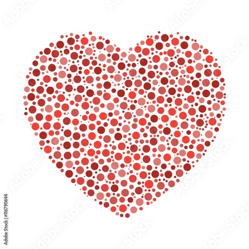 Heart mosaic of red dots in various sizes and shades. Vector illustration on white background.
