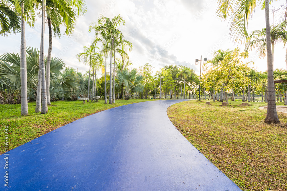 Landscape with blue jogging track at green park and no people