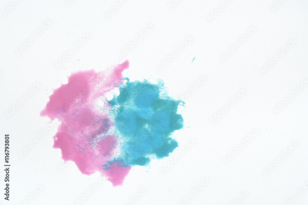 Empty white copy space background with blue, pink and purple water color paint drawing
