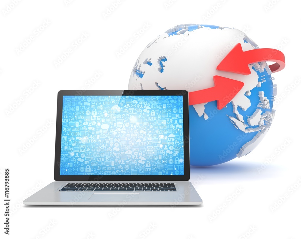 Laptop network and earth globe. 3d rendering.