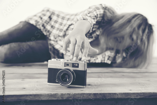 black and white picturePortrait of a woman making photo on camer photo