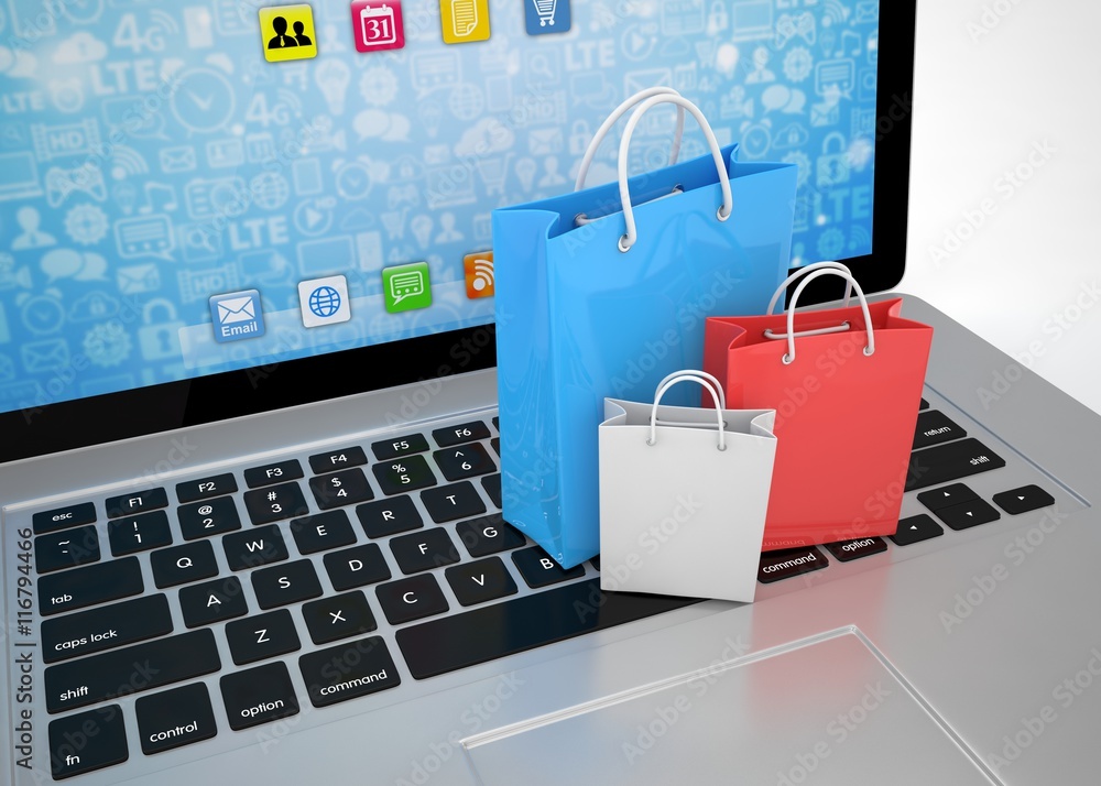 laptop and shopping pags on white background. 3d rendering. laptop and shopping pags on white background. 3d rendering.