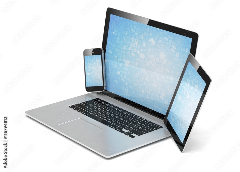 laptop, tablet, phone, on white. 3d rendering. laptop, tablet, phone, on white. 3d rendering.