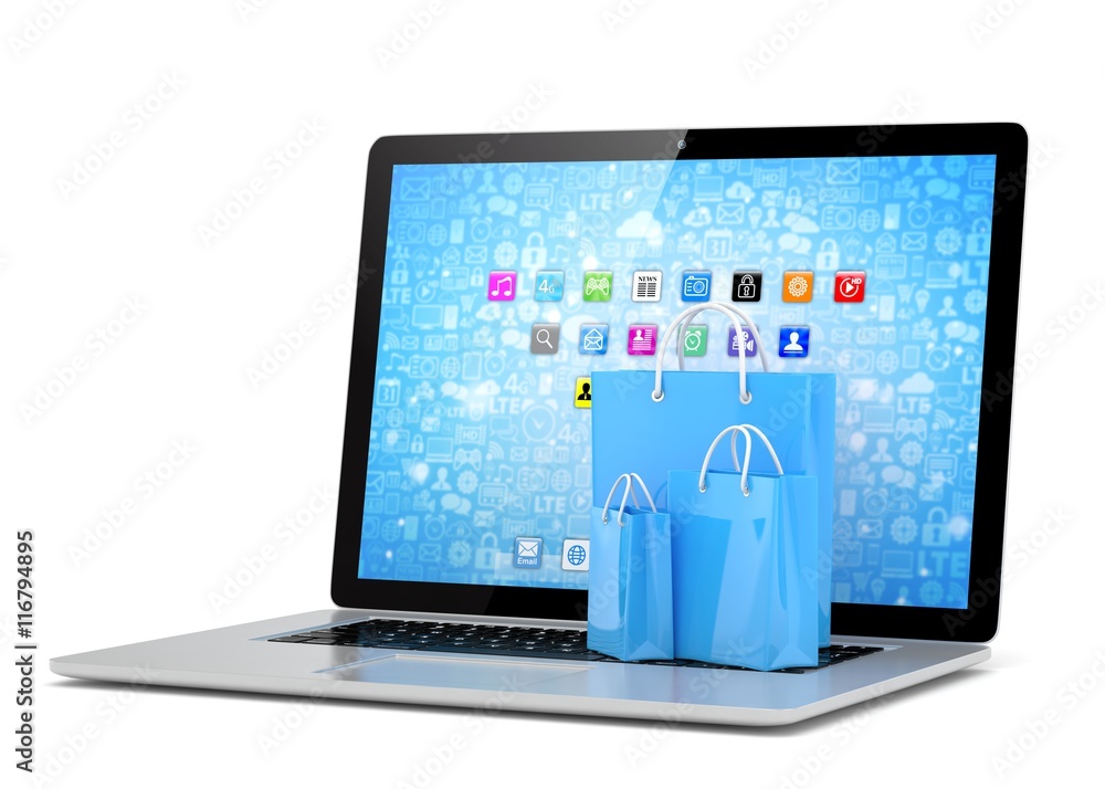 laptop and shopping pags on white background. 3d rendering. laptop and shopping pags on white background. 3d rendering.