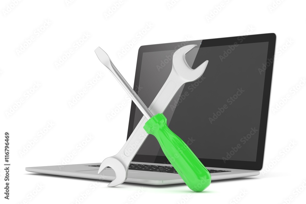 3D Illustration Wrench and screwdriver on laptop, service concept 3D Illustration Wrench and screwdriver on laptop, service concept