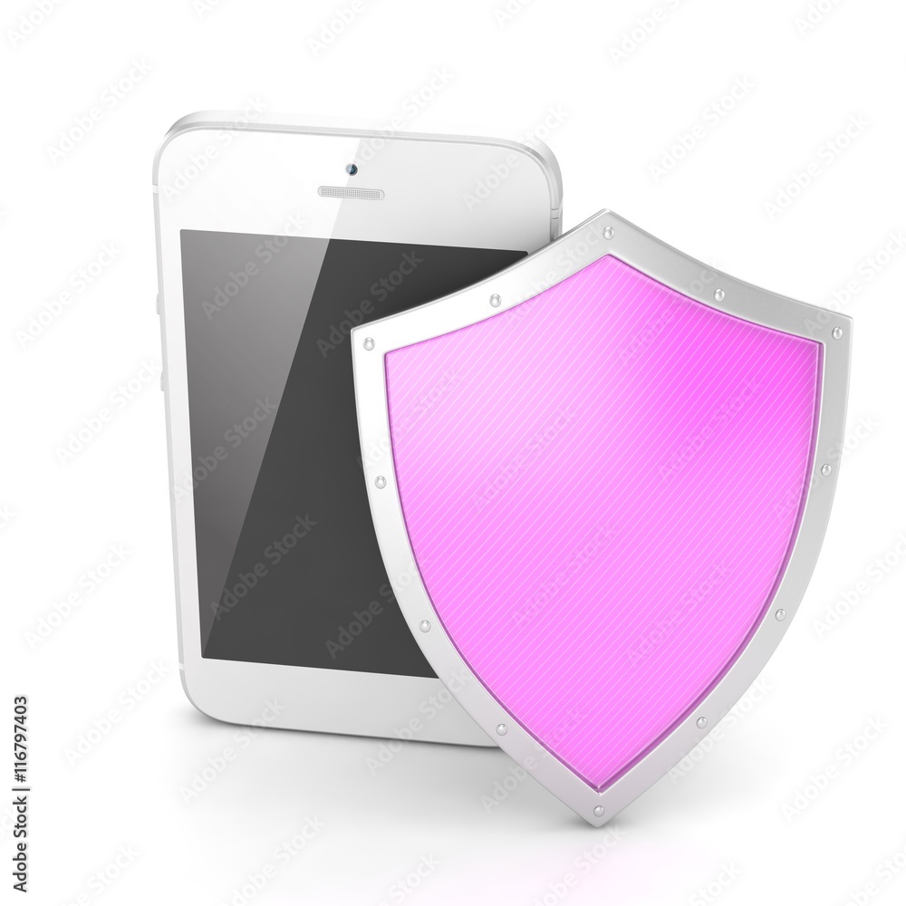 Smartphone and shield on white, security concept. 3d rendering. Smartphone and shield on white, security concept. 3d rendering.