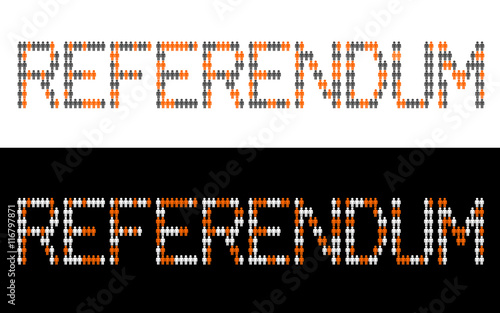 Referendum and direct democracy - the people in two different colors symbolize electors with different voting decision during plebiscite election. Text made of vector icons of figure of man
