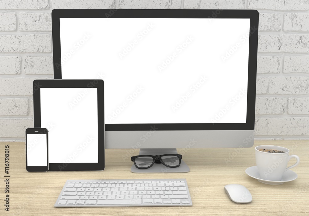 Responsive mockup screen. Monitor, tablet, phone on table in office. 3d rendering. Responsive mockup screen. Monitor, tablet, phone on table in office. 3d rendering.