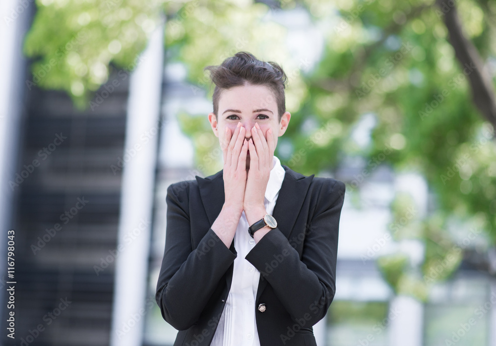 Portrait of happy young business woman surprising Portrait of happy young business woman surprising