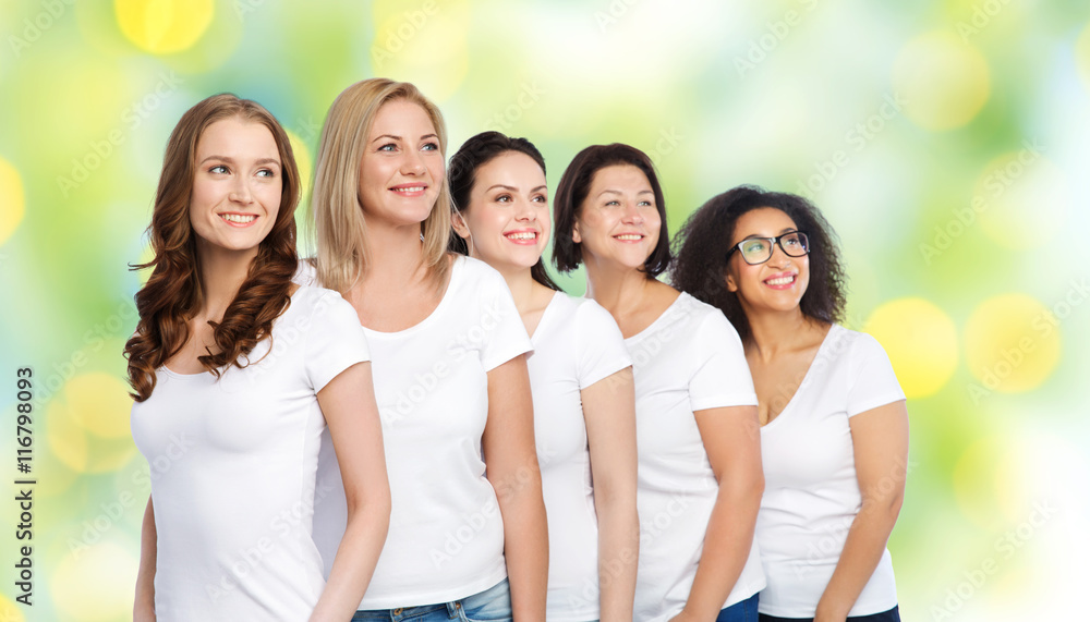 group of happy different women in white t-shirts group of happy different women in white t-shirts