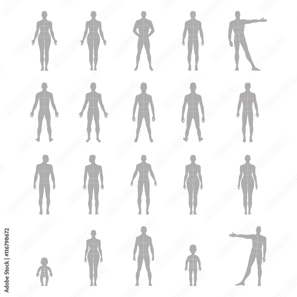 Full length front, back human silhouette set with marked body's Full length front, back human silhouette set with marked body's