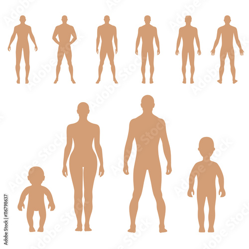 Full length front, back human silhouette set