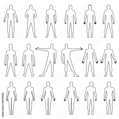 Full length front, back human outlined silhouette set