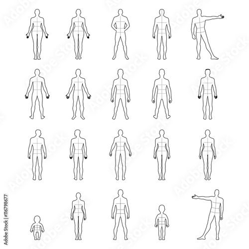 Full length front, back human outlined silhouette set with marke