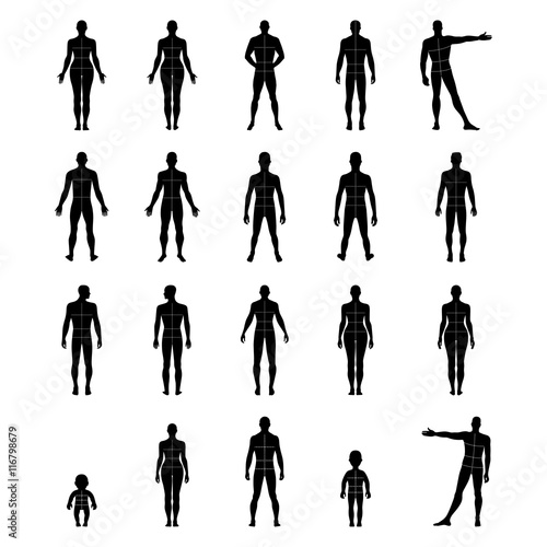 Full length front, back human silhouette set with marked body's
