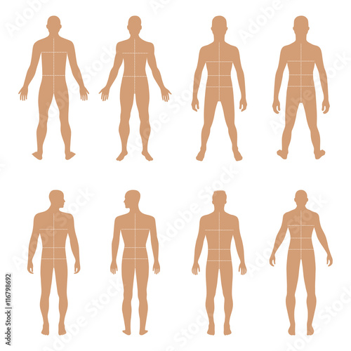 Full length front, back man silhouette set with marked body's si