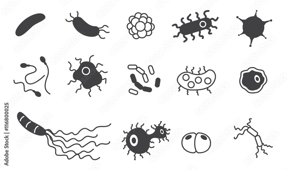Bacteria, superbug, virus icons vector set , black and white bacteria ...