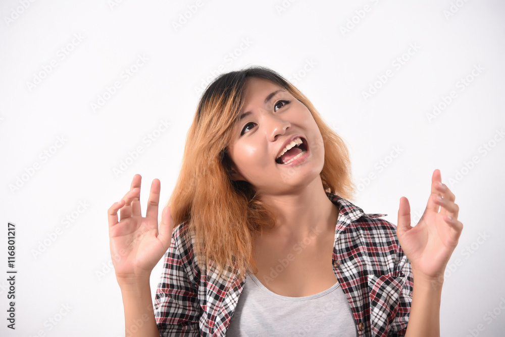 woman with idea light bulb above hand isolated on white backgrou woman with idea light bulb above hand isolated on white backgrou