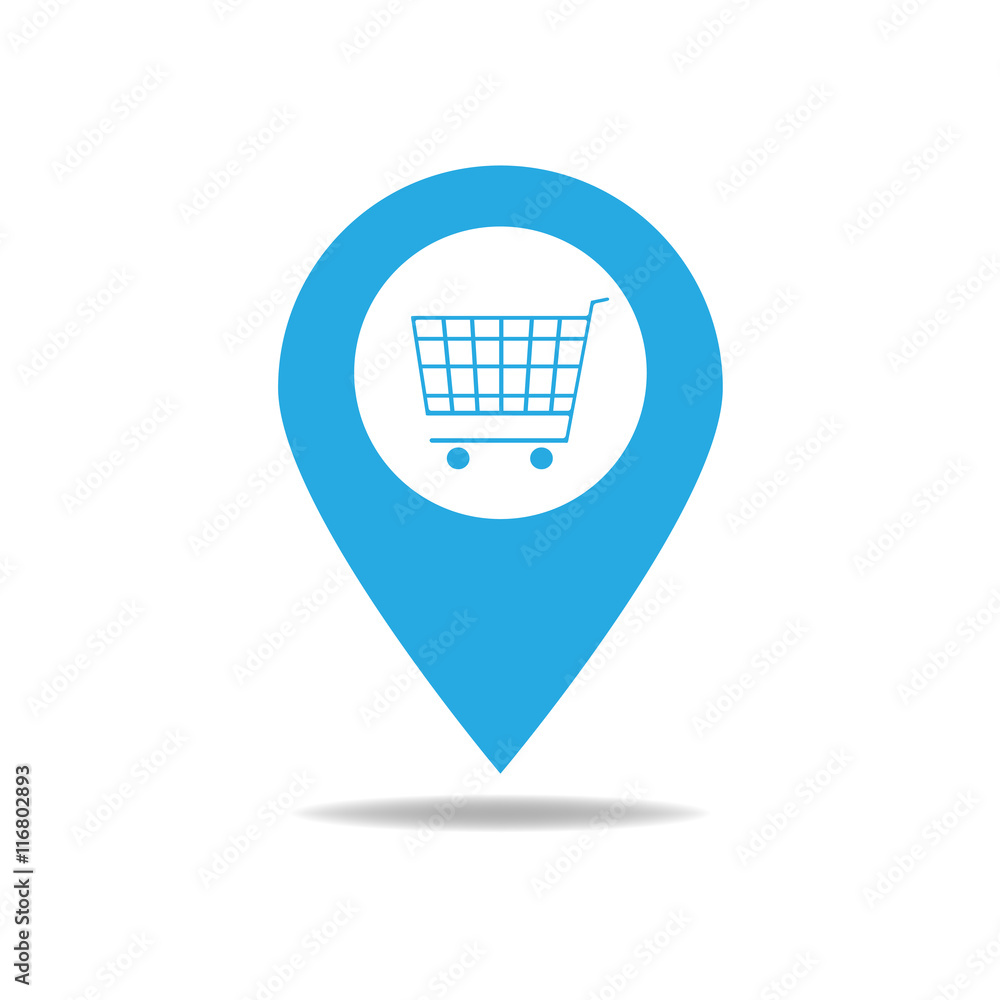 Map pointer with shopping cart icon.
Map pointer with shopping cart icon.