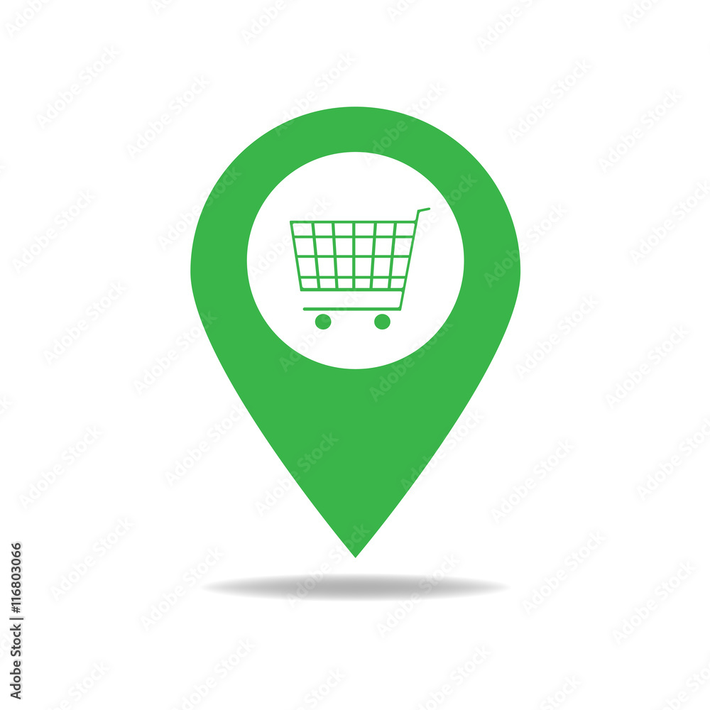 Map pointer with shopping cart icon.
Map pointer with shopping cart icon.