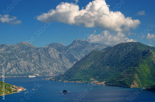Beautiful landscape with Mediterranean town ,sea and mountains. Montenegro seashore, boats and yachts.
