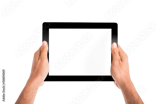 Hand holding tablet with white background