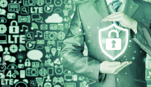 Data protection and insurance. Concept of business security, safety of information from virus, crime and attack. Internet secure system. Icons background. Communication, Internet.