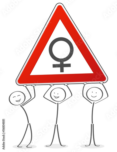 Drei Männchen heben Achtung Schild mit Weiblich Zeichen hoch
