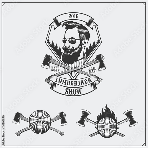 Lumberjack label, axes and design elements. Hipster vintage style. Vector illustration.