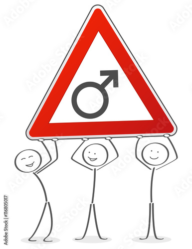 Drei Männchen heben Achtung Schild mit Männlich Symbol hoch