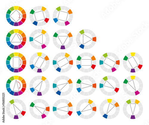 Color wheel and geometric forms showing twenty possible complementary and harmonic combinations of colors in art and for paintings. Illustration.