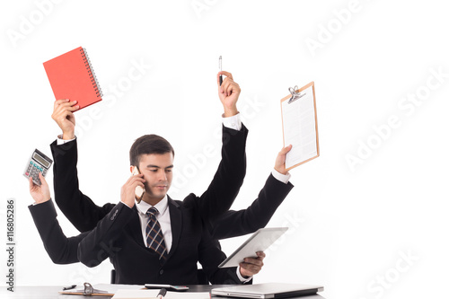 Foto Multitasking businessman working handle many task