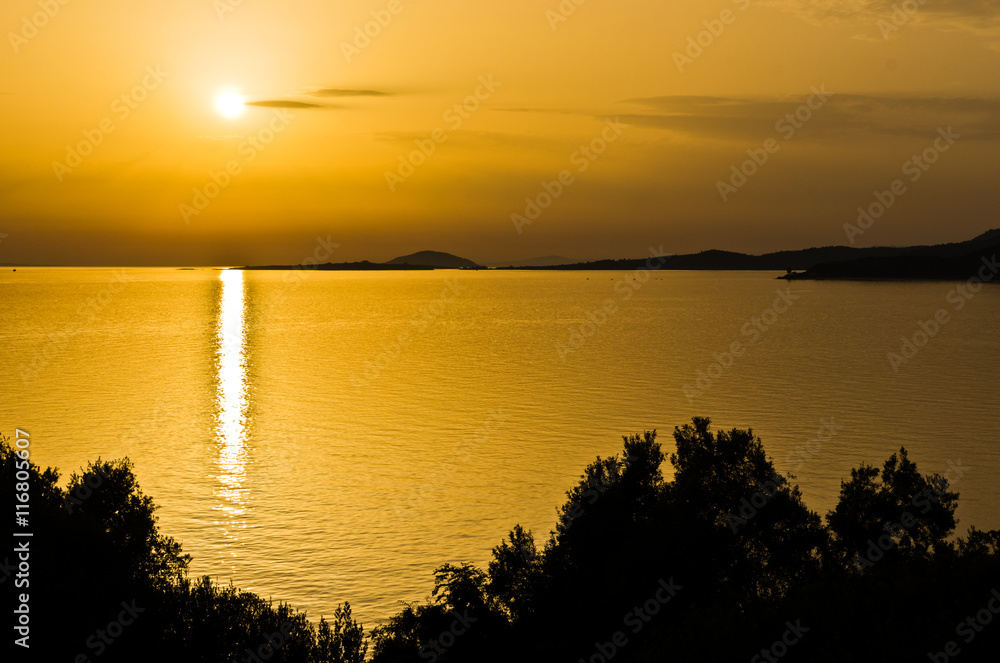 Sea coast and landscape of Sithonia west coast at sunset, Greece