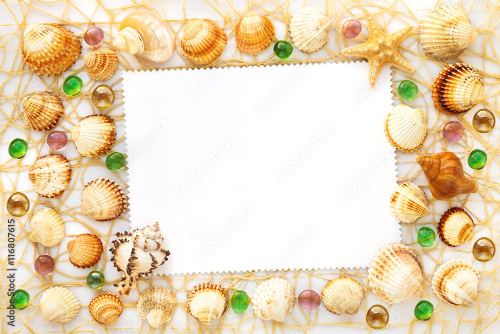 Fototapeta frame from different sea shells and glass beads