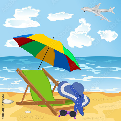 beach with umbrella, lounge chair, sun glasses, hat, design elements, vector illustration 