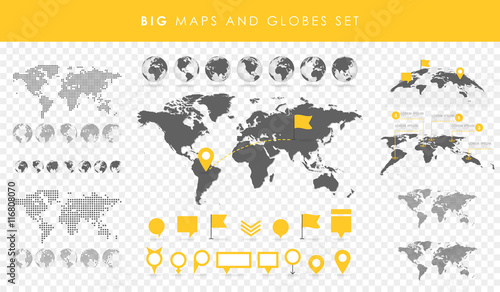 Big set of maps and globes. Pins collection. Different effects. Transparent Vector illustration