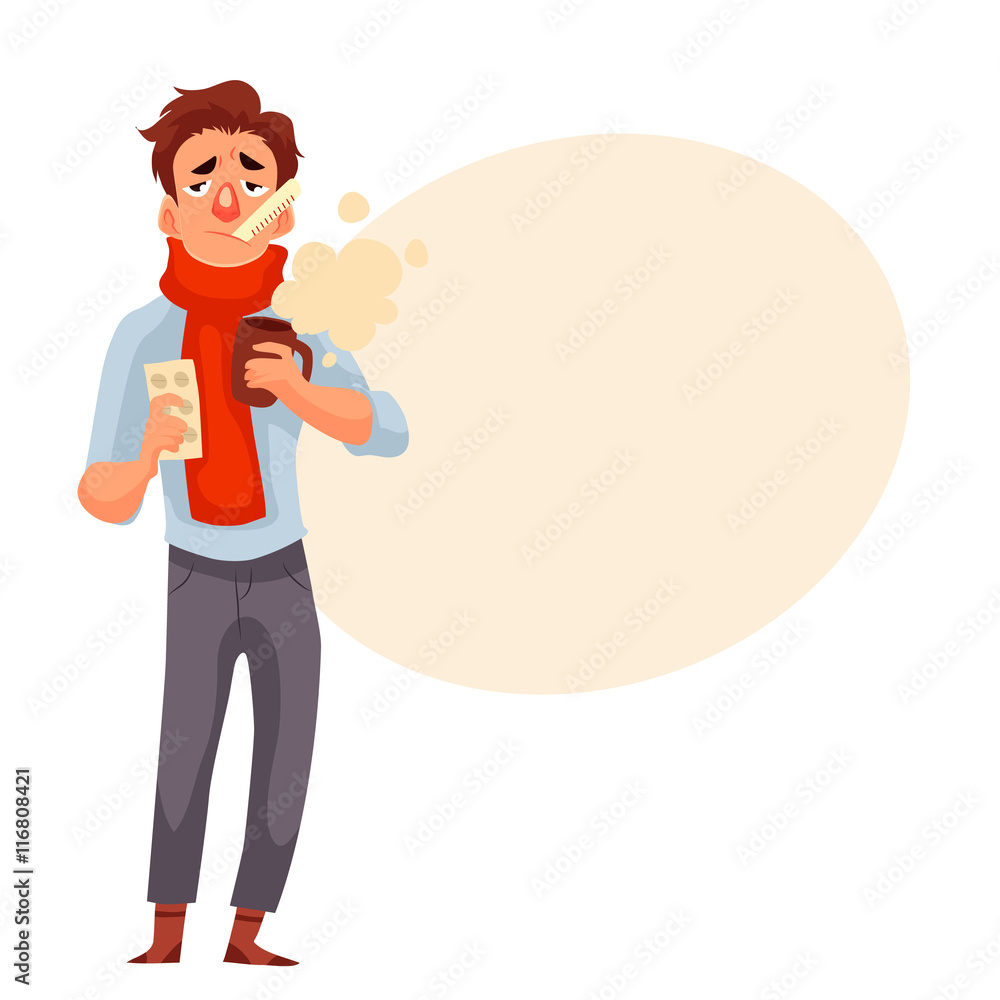 Young man having a cold, holding medicines and a cup, cartoon style vector illustration isolated on white background. A guy in red scarf with thermometer in his mouth, winter flu season Young man having a cold, holding medicines and a cup, cartoon style vector illustration isolated on white background. A guy in red scarf with thermometer in his mouth, winter flu season