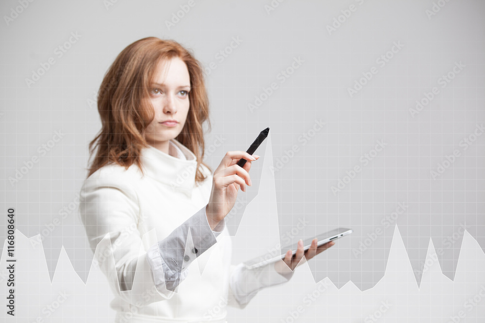 Young woman working with graph chart. Future technologies for busines, stock market concept. Young woman working with graph chart. Future technologies for busines, stock market concept.
