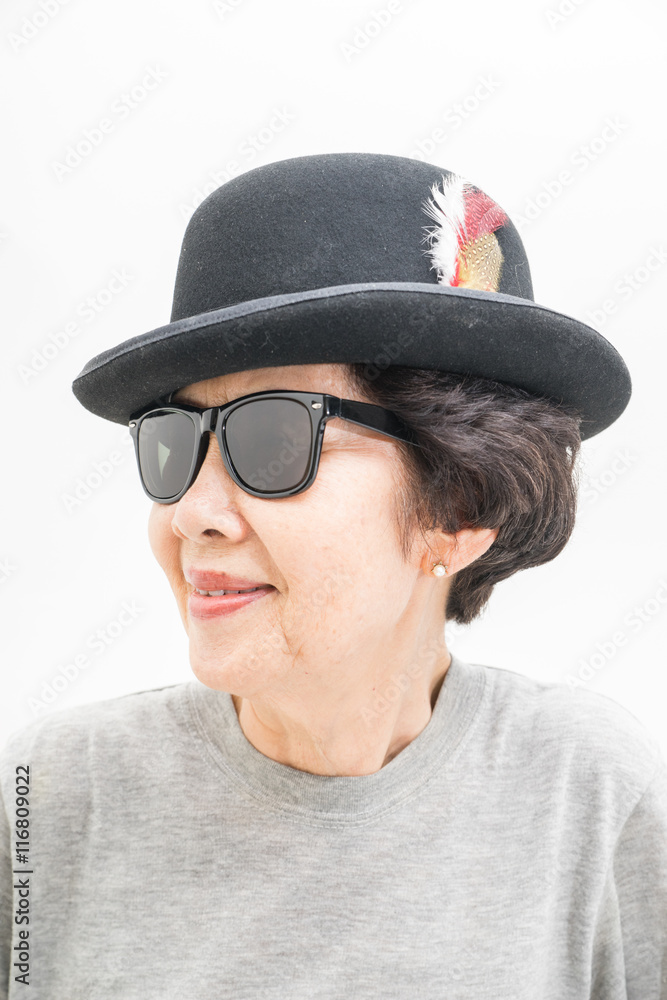 old women wear hat and sunglasses old women wear hat and sunglasses
