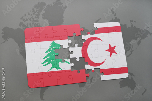 puzzle with the national flag of lebanon and northern cyprus on a world map background.