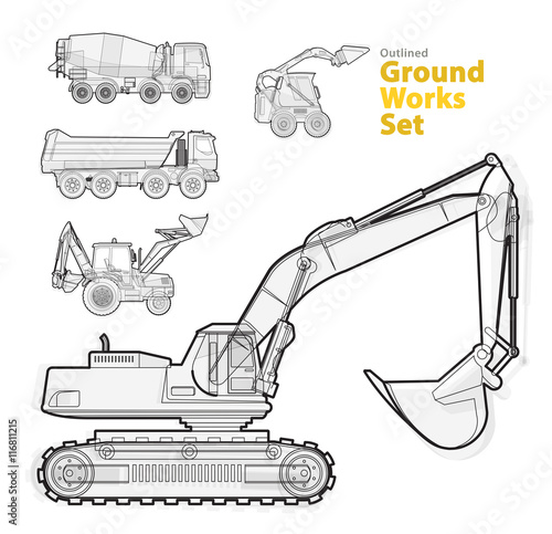 Big set of ground works machines vehicles, black and white wire composition. Construction machinery equipment for building. Truck, Digger, Small Bagger, Mix, Excavator, master vector illustration.