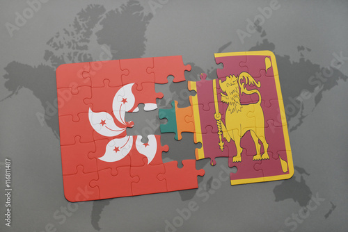 puzzle with the national flag of hong kong and sri lanka on a world map background.