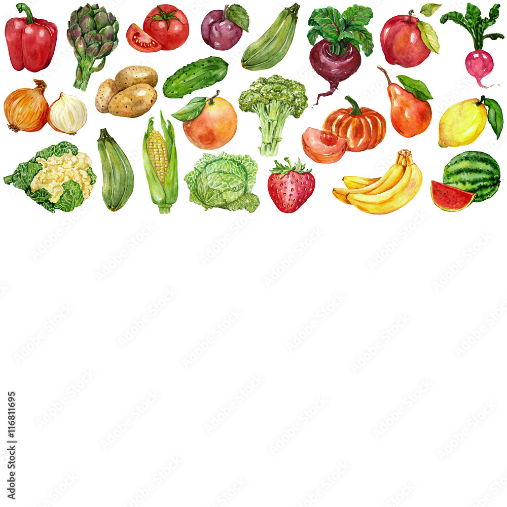 Watercolor set with fruits and vegetables Watercolor set with fruits and vegetables